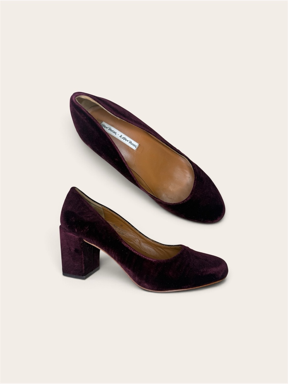 & Other Stories Velvet Block Heel Pumps Burgundy Size 36 Womens